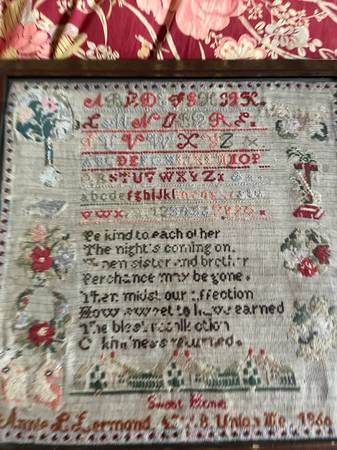 Antique Needlework  Sampler 1800's + framed lace and quilt piece 1