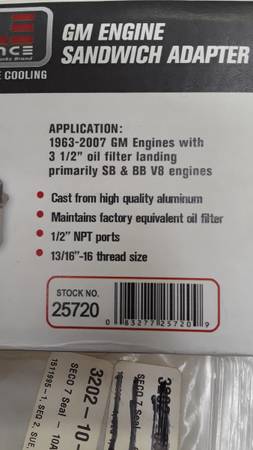 derale performance engine oil cooler sandwich adapter SB Chevy 1