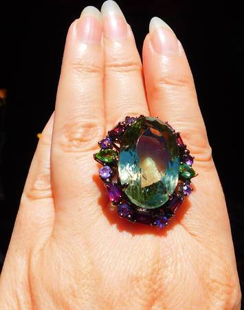 Prasiolite, Rhodolite Garnet, Peridot, Amethyst ring; Size 7.5+ 1