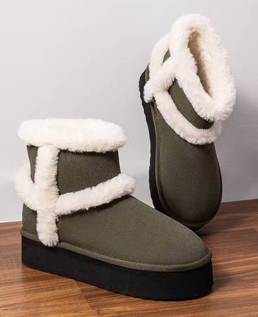 Winter Faux Suede Fur Trim Platform Ankle Boots 11M Khaki/White 1