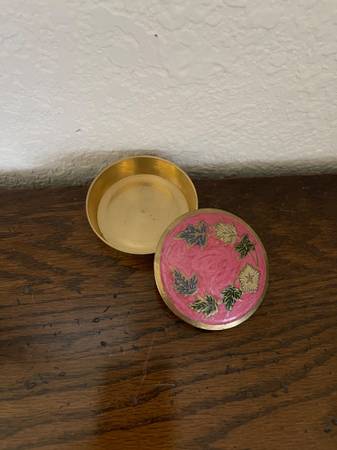 Vintage Solid Brass 3” Round Covered Trinket Dish with HandPainted Lid 1