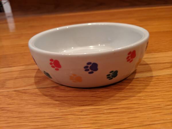 Cute White Ceramic Pet Food / Water Bowl w Rainbow Colored Paw Prints 1