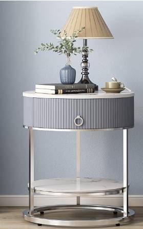 End Table with Sintered Stone Tabletop, Side Table with Drawer, Silver 1