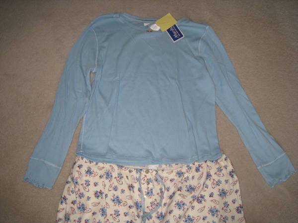 New w Tags: 2-Pc Pajamas Set, Blue & Ivory w Flowers & Stripes, Size L 1