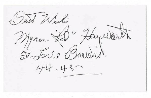 Myron Red Hayworth AUTO St Louis Browns Index card Signed deceased '06 1