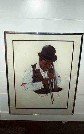 ART Lithograph Painting Picture TROMBONE Jazz New Orleans Tom C Kinney 1