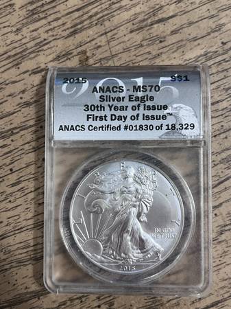 2015 1 oz.  silver eagle coin graded anacs   ms70 1