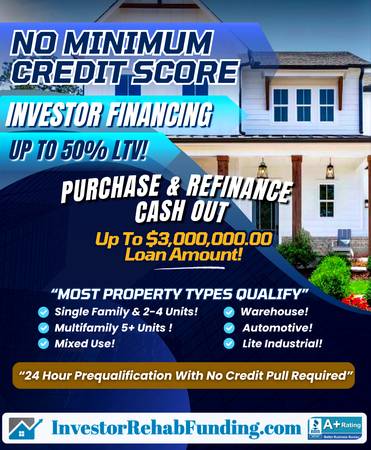 ANY CREDIT SCORE QUALIFIES – Residential/Commercial- 50% LTV TO $3MIL! 1