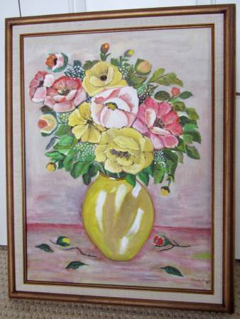 Original Signed Oil on Canvas Vase Flowers Painting FRAMED 1