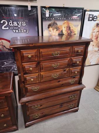Six Drawer Tall Dark Pine Wood Dresser Chest #485-10 1