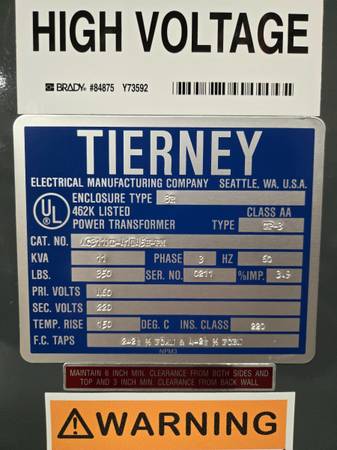 Tierney 3-Phase Transformer 460/220 1