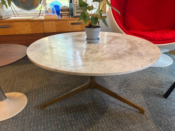 Marble coffee table with metal base, round, 32” wide 1