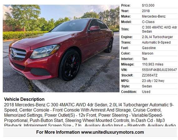 2018 Mercedes-Benz C 300 4MATIC AWD 4dr Sedan - $13,000 (Stone Mountain)63620923473411121