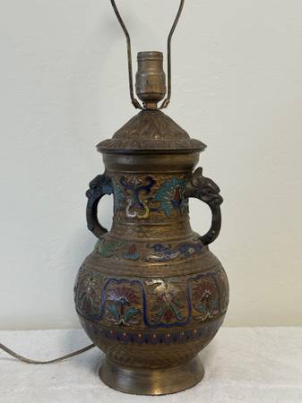 Antique Asian Bronze Champleve Cloisonné Enamel Dragon Handle Lamp 1