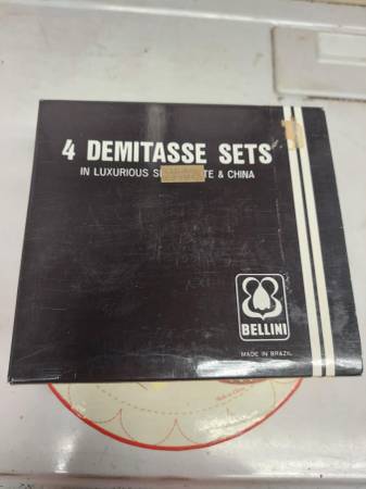 Bellini Gold Brass & Porcelain Demitasse Set Of 4 With Saucers VINTAGE 1