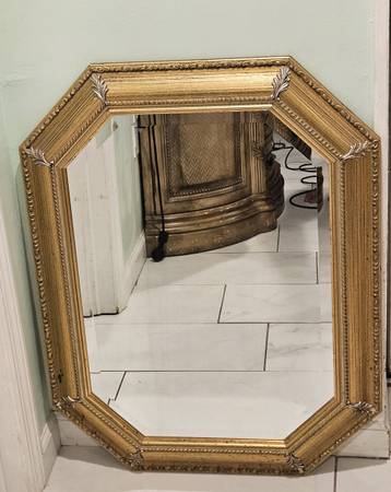 Gold Wood Frame Beveled Wall Hanging Mirror Entry Vanity Bedroom Bathroom Italy 1