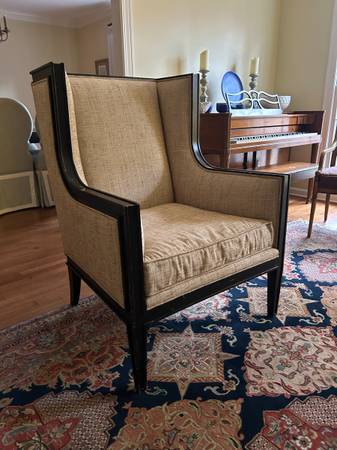 Transitional Wing Chair w Exposed Wood Frame 1