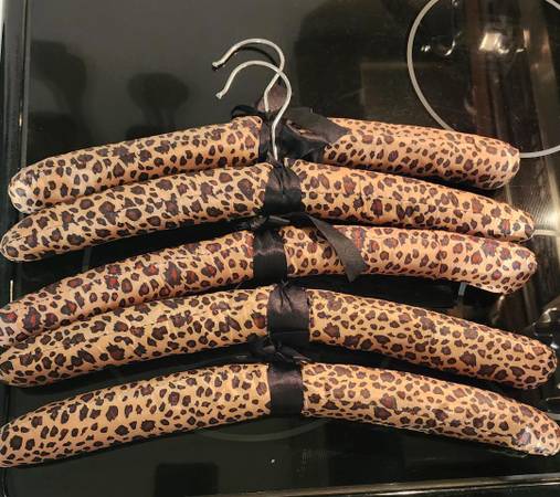(5) Leopard Print Padded Satin Hangers With Black Ribbon. 1
