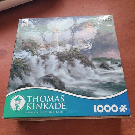 Thomas Kinkade 1000 Piece Puzzle, Lighthouse on Stormy Coast Cliff 1