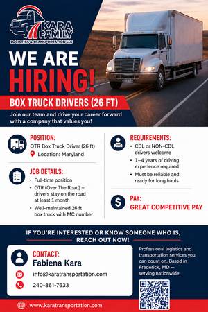 Hiring Driver Position For 26-foot Box Truck. 1