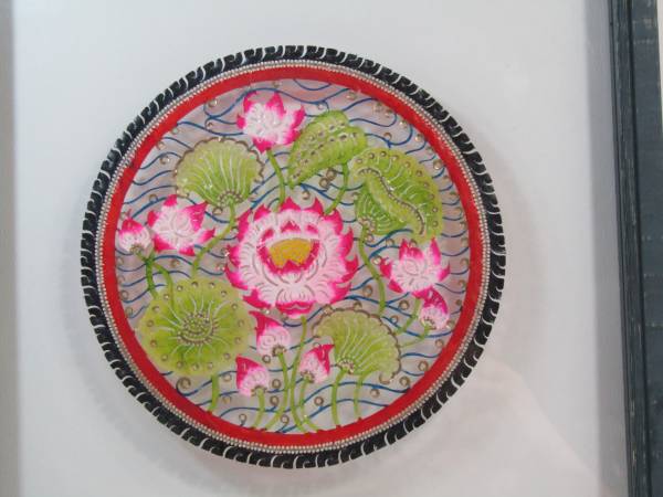 Framed Lotus Flower Painting Displayed Between Glass Vintage Art 15"x1 1