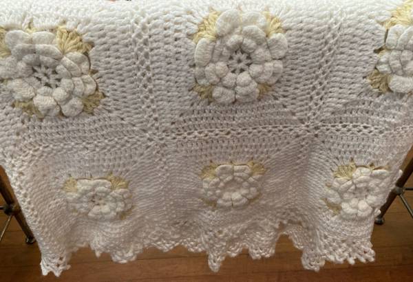 handmade crocheted knit white and yellow blanket throw 1
