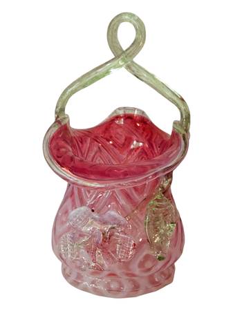 FENTON PINK GLASS BASKET WITH GREEN TWISTED HANDLE 1