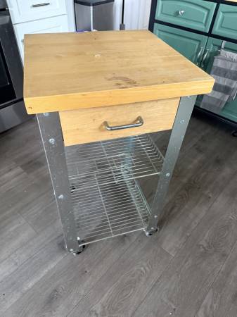 Butcher block kitchen island cart - stainless frame, drawer, casters 1