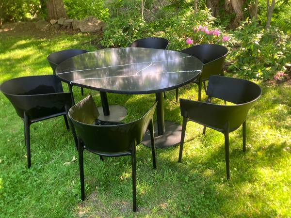 Solid Heavy Top Table with 2 Pedestals And 6 Resin Chairs 1