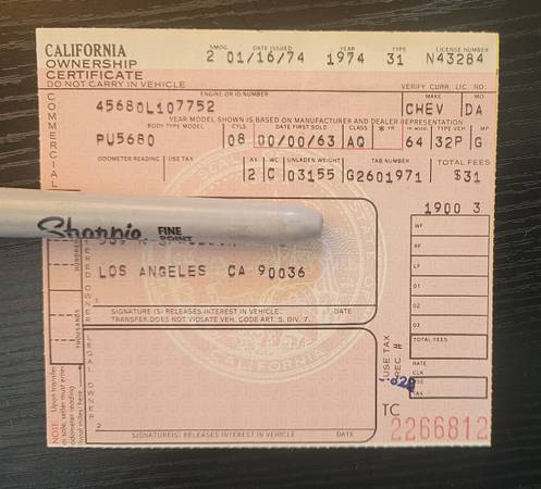 Chevy El Camino 1964, documento original rosa de 1974. necesita restauración - $7.500 (Granada Hills)63470893952771120