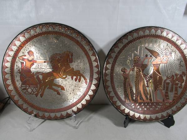 Egyptian Ramesses II & Cleopatra Copper Etched Wall Decor Plates 15" 1