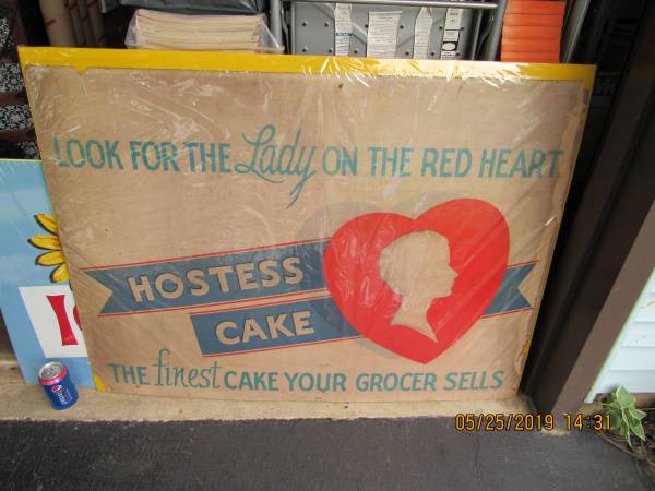 Hostess Large 1930s Cardboard Advertising Sign "Lady On Red Heart" 44" 1