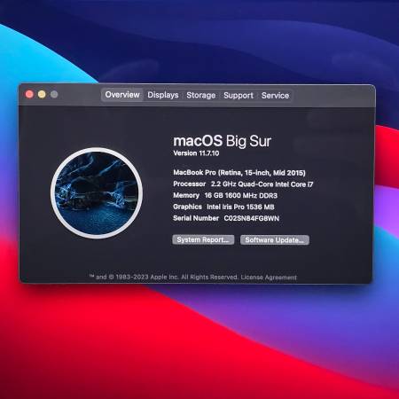 Apple MacBook Pro 15" Retina Mid-2015 i7 16GB RAM 1TB SSD Big Sur - $450 (Peabody)63437994147715123
