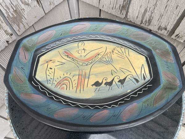 Laurie Rolland Signed Pottery Platter Dish Canadian Artist Stylized Na 1