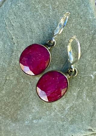 Genuine Unpolished Red Ruby Semi-Precious Gem Sterling Silver Earrings 1