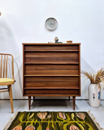 Fully Refinished Mid Century Walnut Tallboy Dresser with Walnut Pulls 1