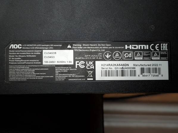 Broken Screen AOC 34" CU34G3S 1