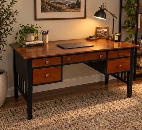 Ethan Allen Solid Cherry wood Writing Desk Black Two Tone 5 Drawers Mission Styl 1