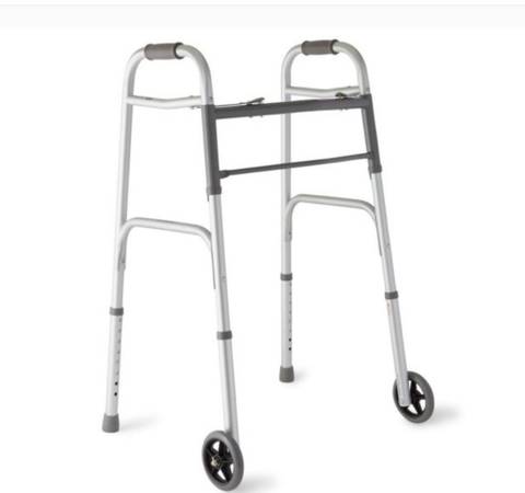 1 New Medline 2-Button Folding Walker With 5-Inch Front Wheels, 300-lb. Weight 1