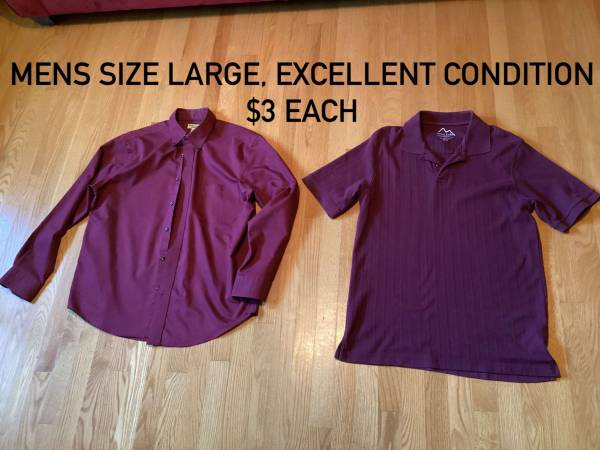 MENS SIZE LARGE, EXCELLENT CONDITION, BOTH A DARKER WINE COLOR,$3 EACH 1