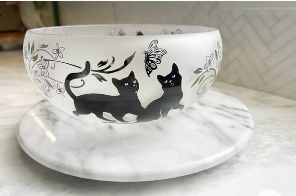 Lenox Black Kittens & Butterflies Etched Frosted Art Glass Bowl & Box 1