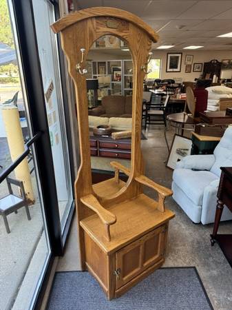 White Clad Hall Tree Storage Bench with Mirror / Coat Hat Rack 1