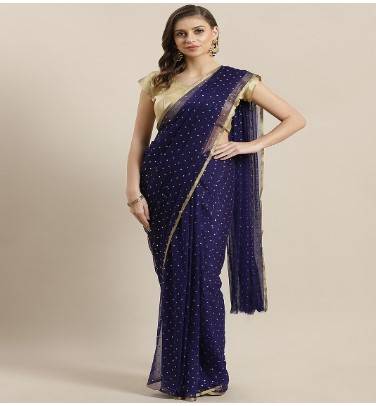 Ishin Navy Blue & Golden Embellished Saree 1