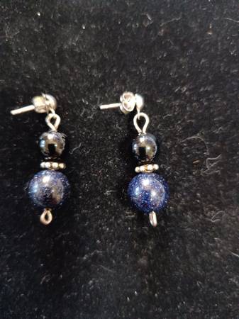 Onyx, Blue goldstone and sterling silver earrings post and accents 1