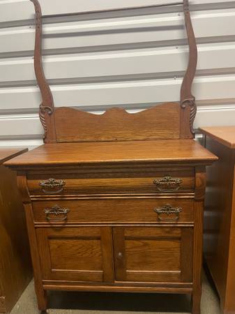 Antique ALL WOOD Oak Dresser with towel bar 1