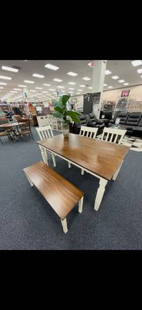 Farmhouse Dining Room Table Set – 4 Chairs & Bench – Make an Offer 1