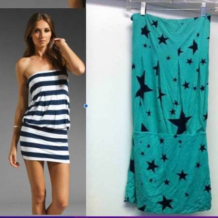 NWT INDAH GREEN STRAPLESS DRESS w BLUE STARS PRINT NEW w TAGS Sz M 1