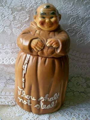 Vintage Twin Minton Friar Tuck Cookie Jar. Thou Shalt Not Steal 1