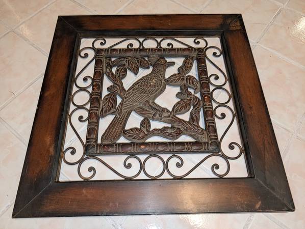 Rustic Dark Wood Art Deco Bronze Metal Wrought Iron Wall Bird Ornate 1