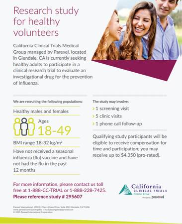 Paid Research for Healthy Volunteers, up to $4,350 if qualified. 1